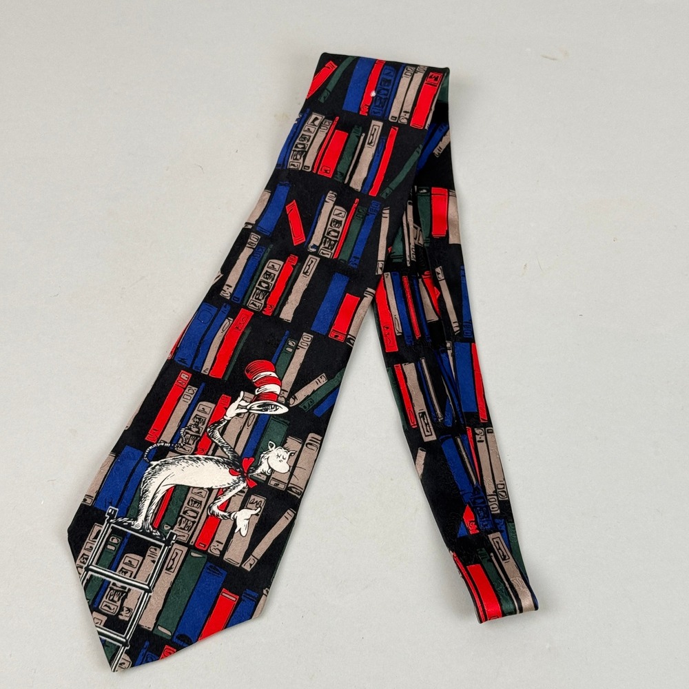 Dr. Seuss 100% Silk Necktie Mens Multicolor Cat in the Hat Library